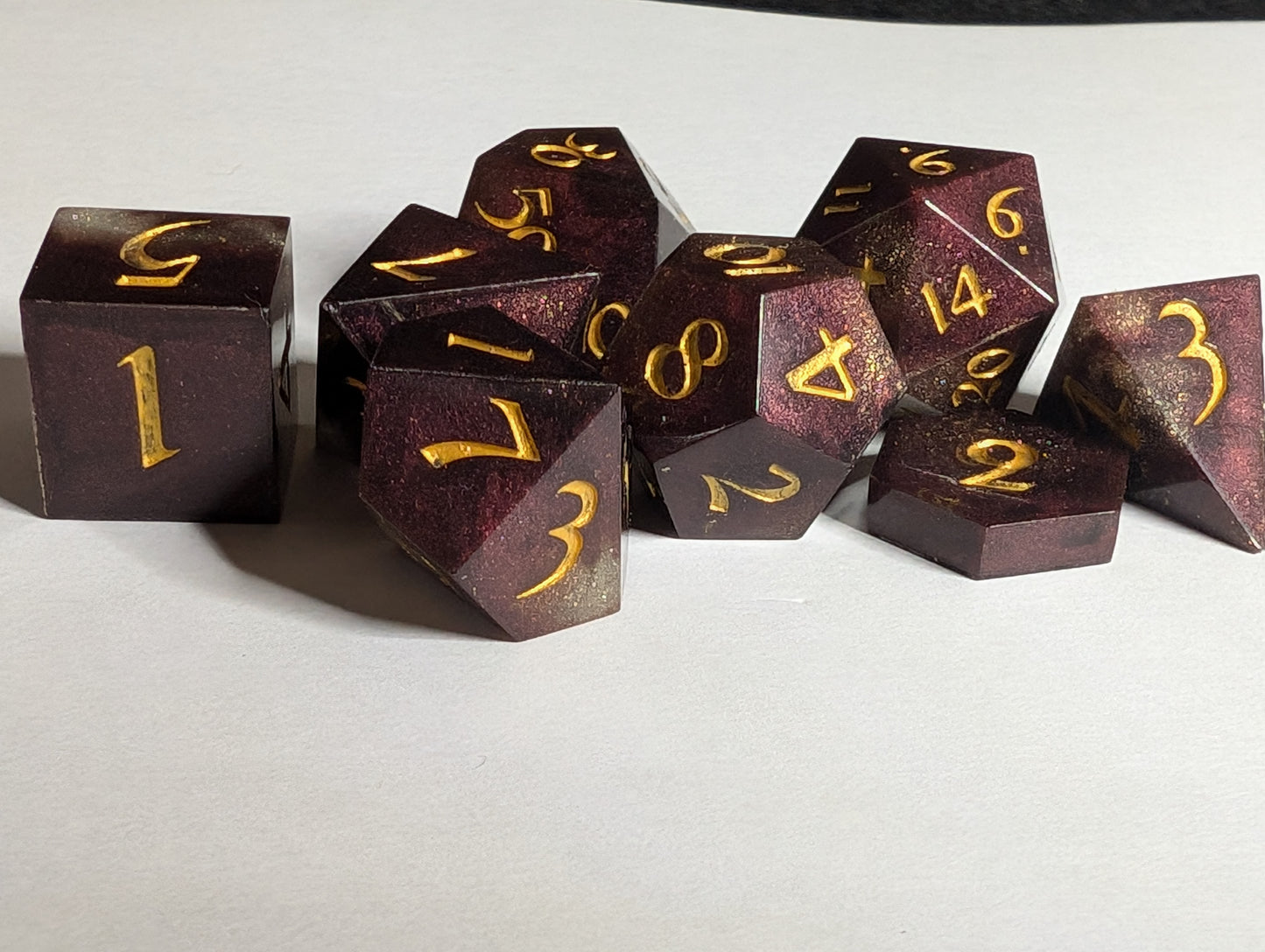 Reddish purple and white set of 8 dice