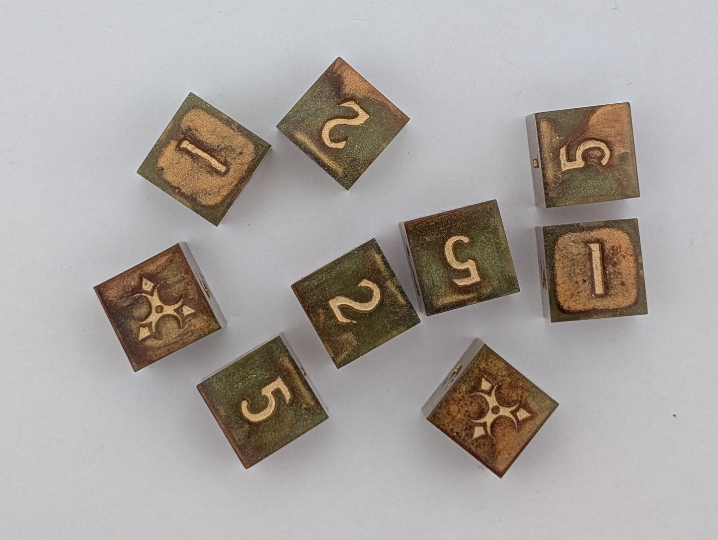 Bronze and green jelly toxic dice