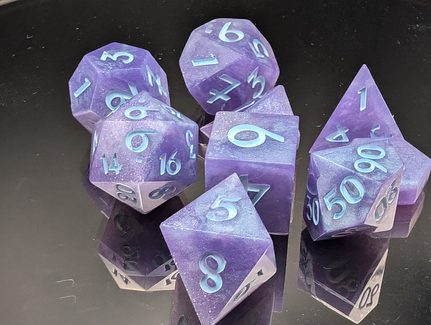Purple and silver 9 piece dice set